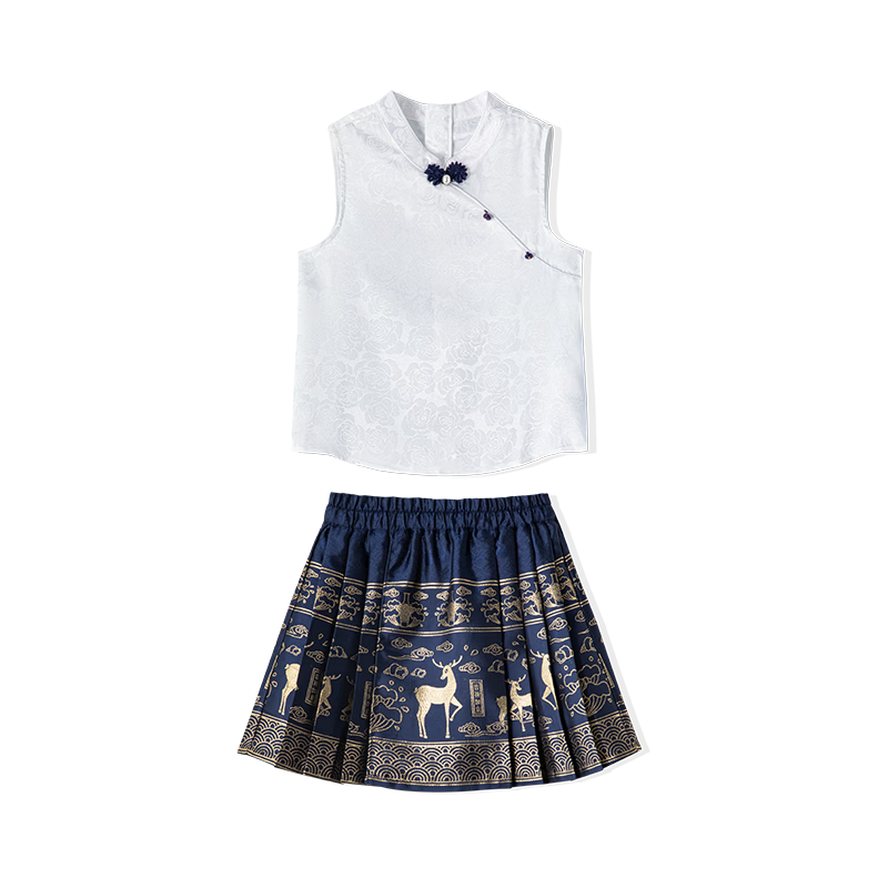 ASK JUNIOR Girls' Summer Outfit Set for Older Children, Sleeveless T-Shirt, Chinese-Style Horse-Face Skirt, Preppy Style Sportswear Set