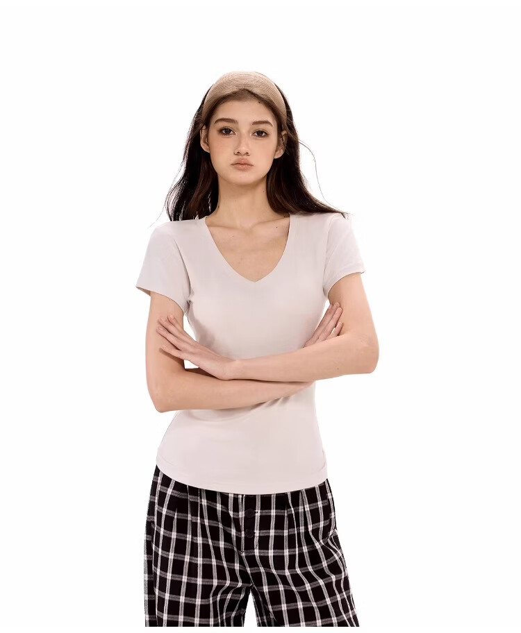 ICH MODE American Vintage Slim Fit V-Neck Cropped Short Sleeve T-Shirt Women Summer New Basic Shoulder Top Dark Purple S 15