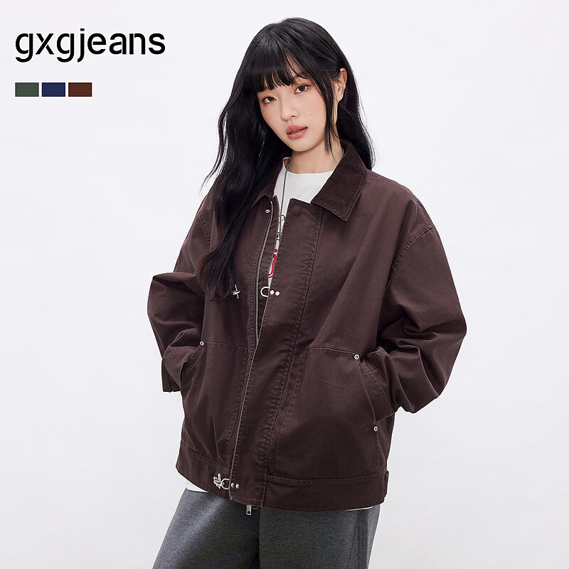 Gxgjeans Men's American Vintage Airplane Buckle Workwear Lapel Jacket Coat 26 Spring New Red Brown 175/L