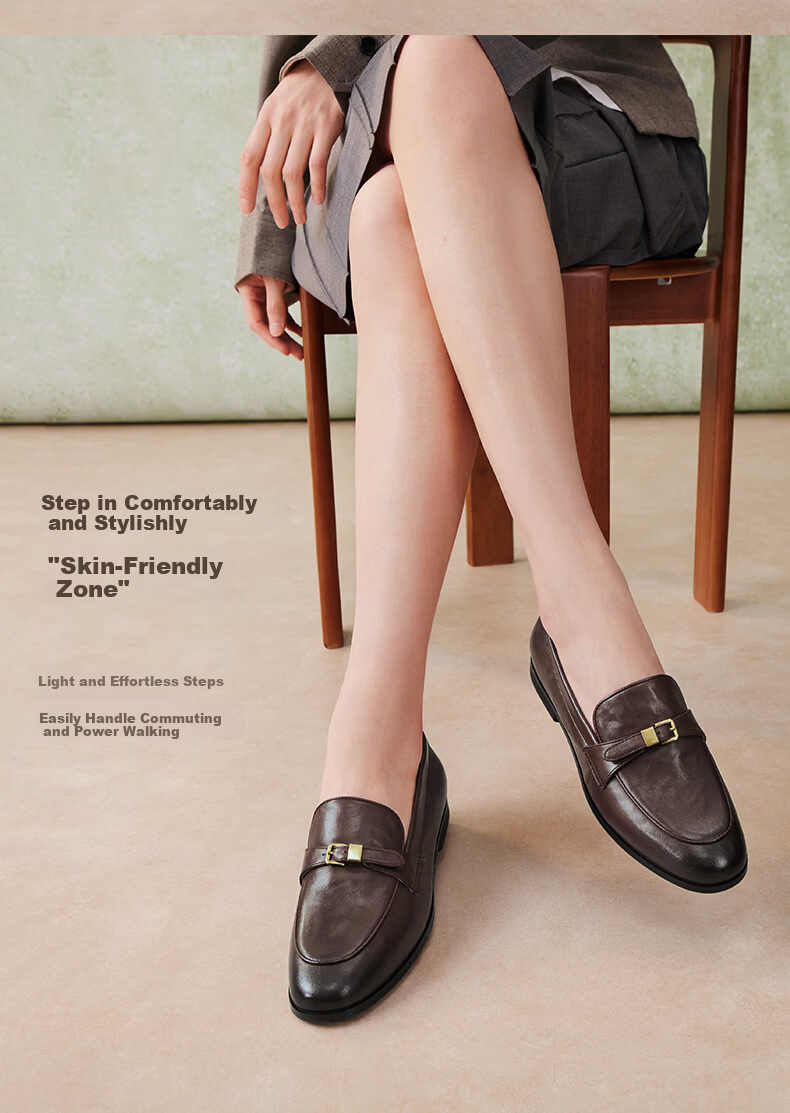 BASTO Jazz Vinyl 26 Spring British Sheepskin Slip-On Loafers Women Single Shoes UXS01AA6 Dark Brown 36 9