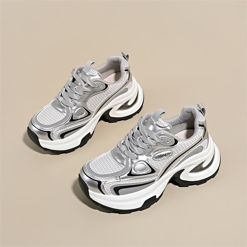 Cartelo Crocodile Women's Dad Sneakers Spring Thick Sole Height Increasing Breathable Mesh Platform Shoes Silver 37 9