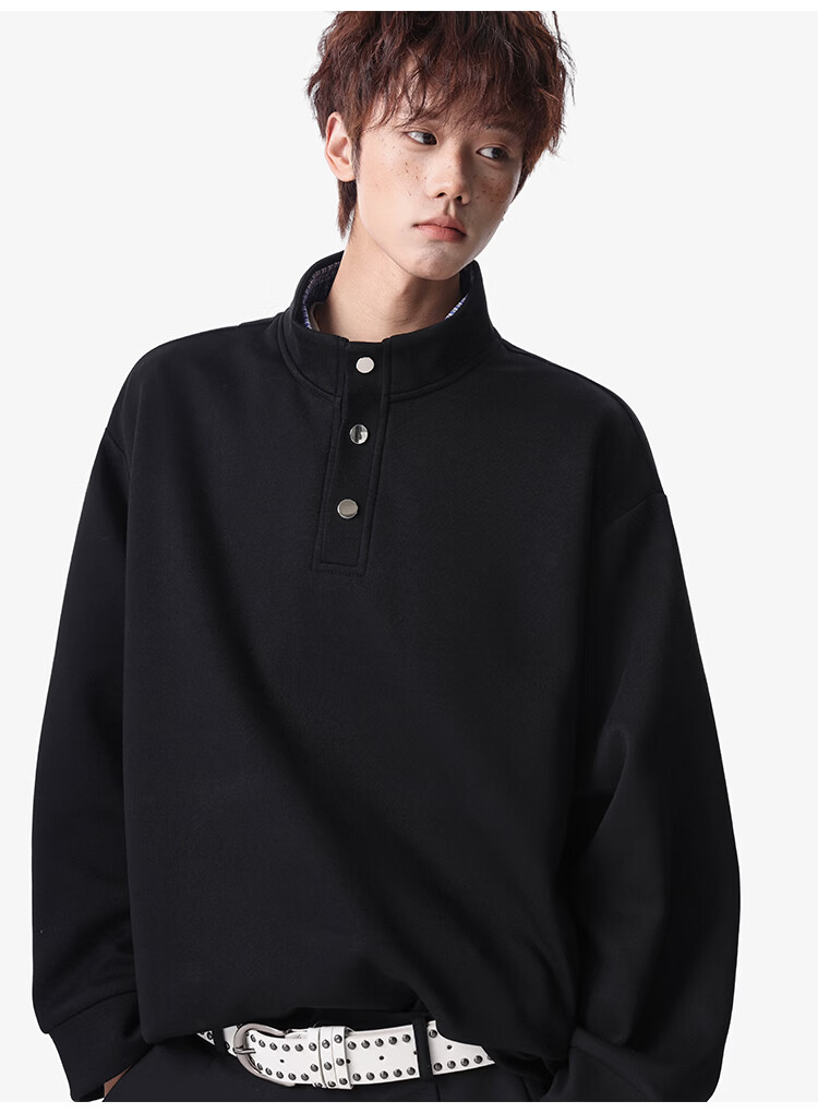 Foss Phil Men's Long Sleeve Sweatshirt Spring Summer American Polo Shirt High Street Vintage Loose Fit Top Black XL W6061 10