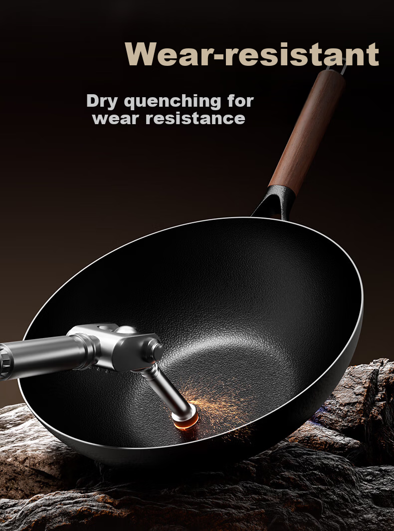 AOTEYOU Large Belly Iron Wok Uncoated Seasoned Household Stir-Fry Pan Traditional Cast Iron Non-Stick Wok for Induction and Gas Stoves 14
