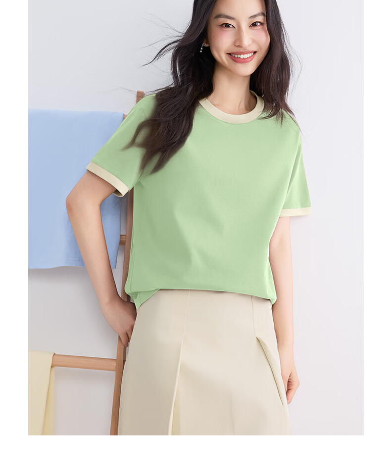 Urban Beauty Pure Cotton Short Sleeve Women's T-Shirt Summer 2026 New Plus Size Slimming Top Petite Color Block Casual Tee 14