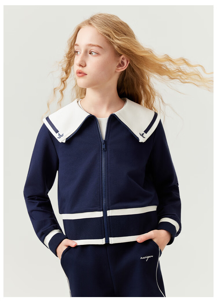 Navigare Girls' Jacket Spring Children's Cardigan Student Sweatshirt Versatile Deep Blue 150 10
