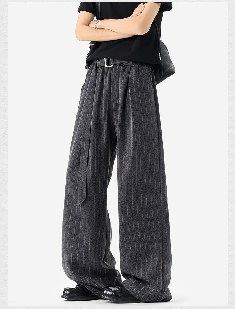 Dingfengbaoluo Men's Summer Loose Fit Striped Suit Pants Linen Texture Casual Trousers JUC32 Dark Gray 2XL 2