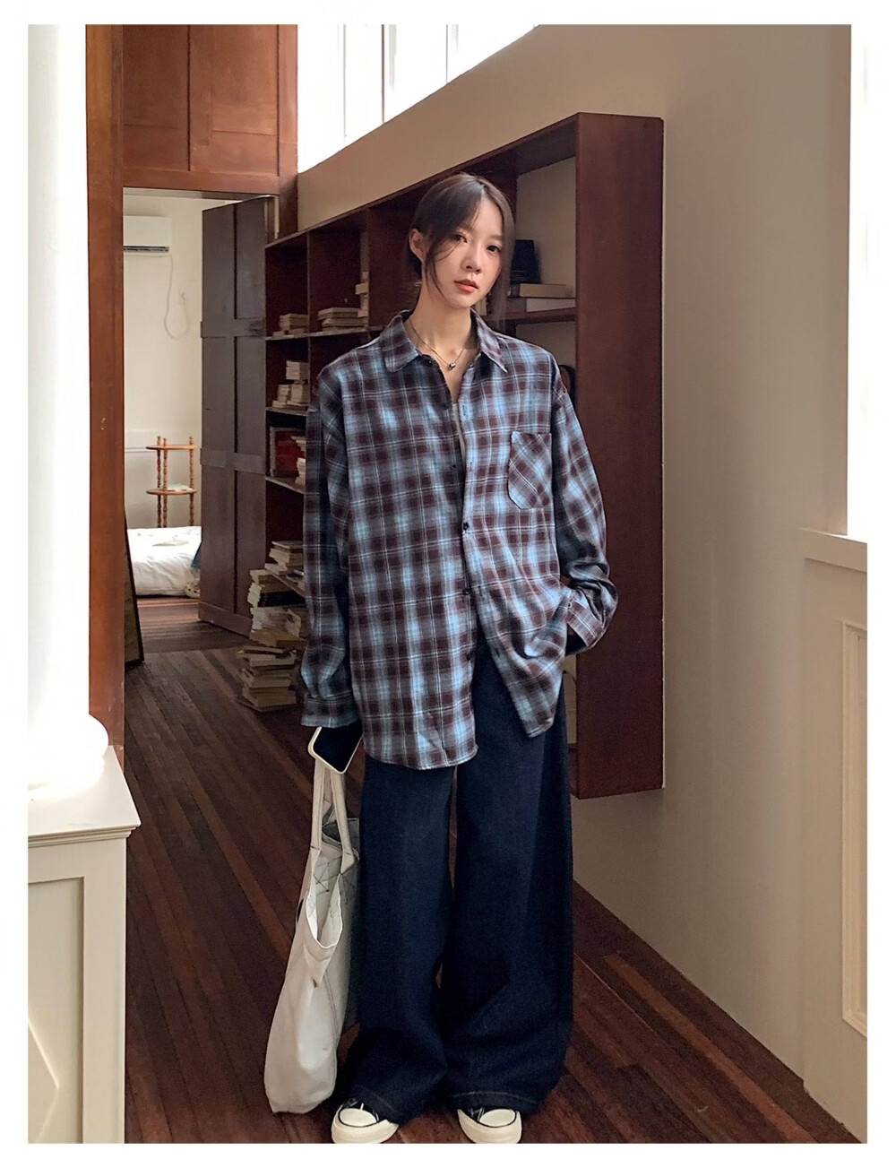 ICH MODE "Jeju Island Breeze" Brushed Plaid Shirt Jacket Women Vintage Check Long Sleeve Korean Style Shirt Blue L 5