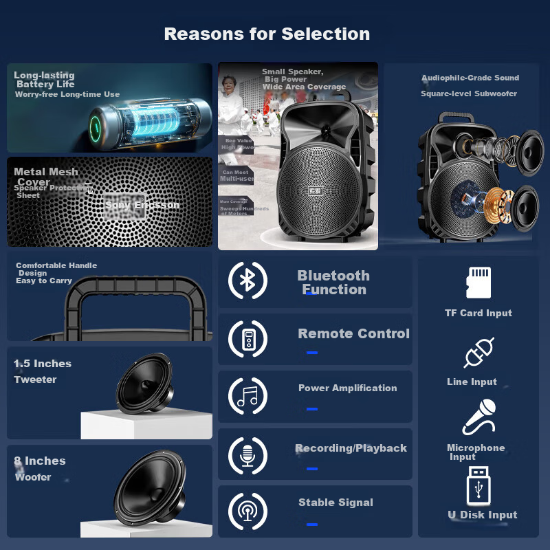 Soaiy 8-Inch Square Dance High-Power Portable Outdoor Deep Bass Bluetooth Speaker K-Song Large Volume Mobile Trolley Bluetooth Speaker Outdoor Performance Equipment ST-809WM