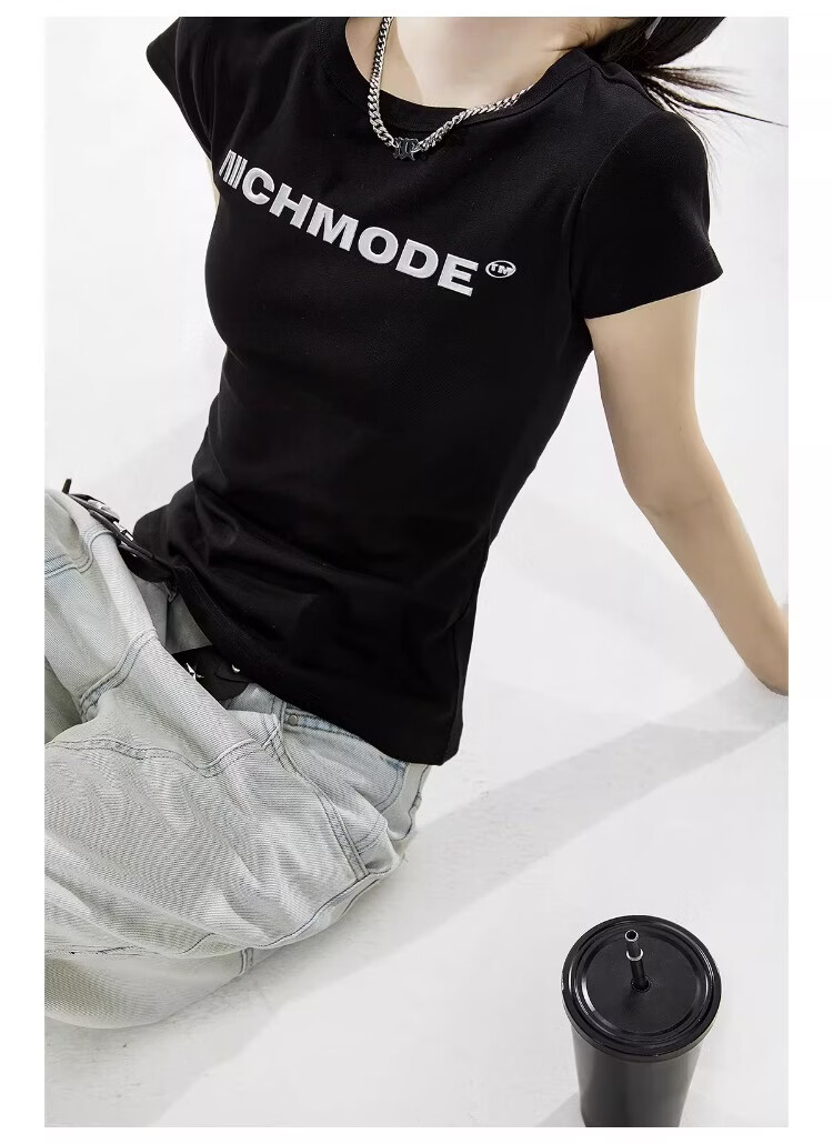 ICH MODE American Slim Fit Shoulder T-Shirt Women Summer New Short Crop Top Black L 5