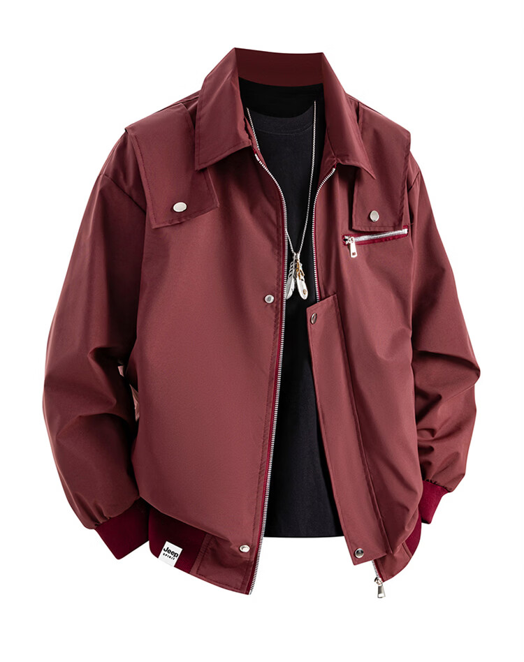 JEEP SPIRIT Men's American Functional Workwear Jacket Spring Premium Baseball Jacket Wine Red 2XL 1