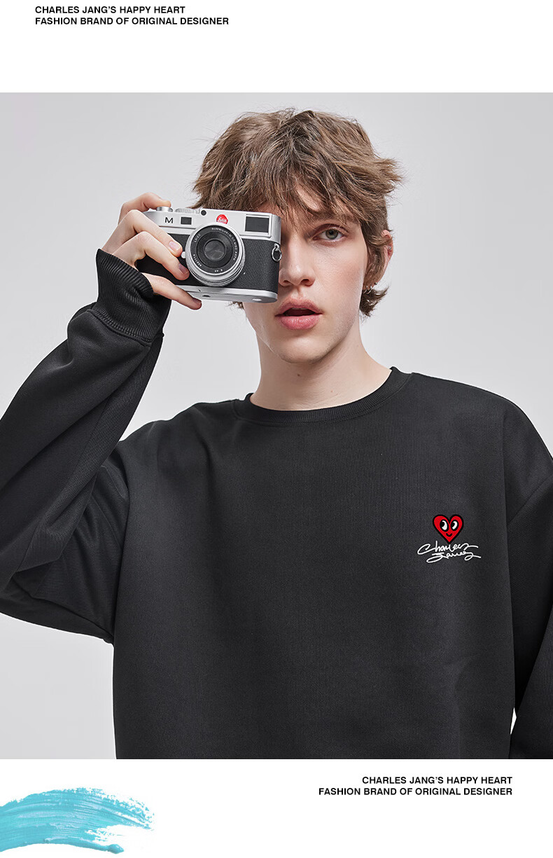 Charles Heart Sweatshirt Unisex Couple Casual Crewneck Love Heart Print Loose Fit Youth Simple Top Khaki 2XL 9