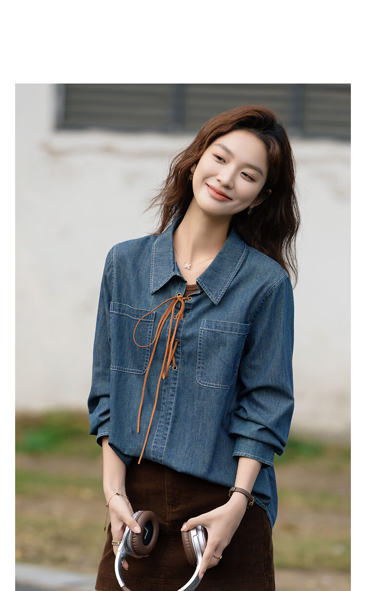 Demana Zhenxiang 100% Cotton Spring Lapel Drawstring Drop Shoulder Pocket Loose Petite Women's Denim Shirt 10
