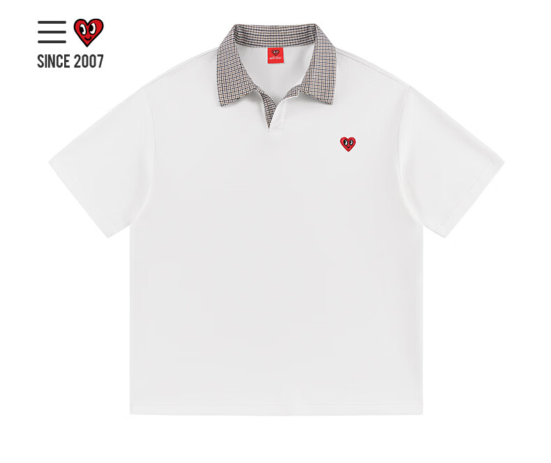 Charles Peach Heart Summer Small Heart Color-Block Breathable Cotton-Padded Couple Casual Unisex Short Sleeve Polo Shirt Off-White XS 3