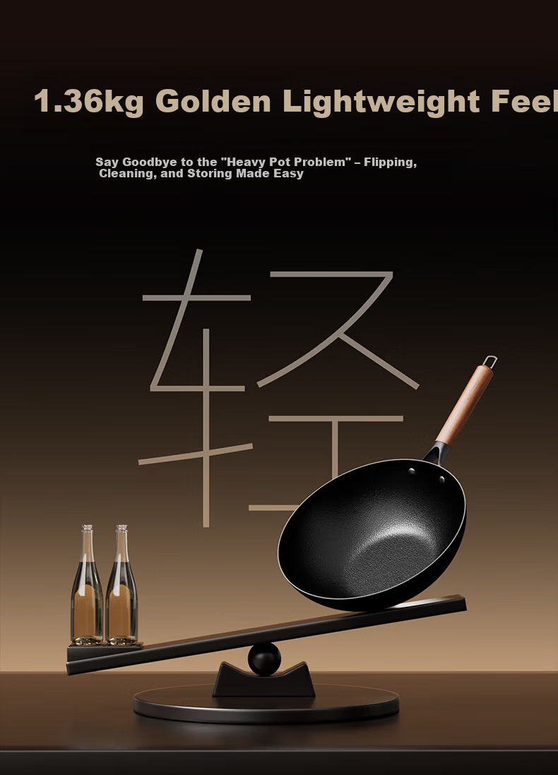 AOTEYOU Large Belly Iron Wok Uncoated Seasoned Household Stir-Fry Pan Traditional Cast Iron Non-Stick Wok for Induction and Gas Stoves 16