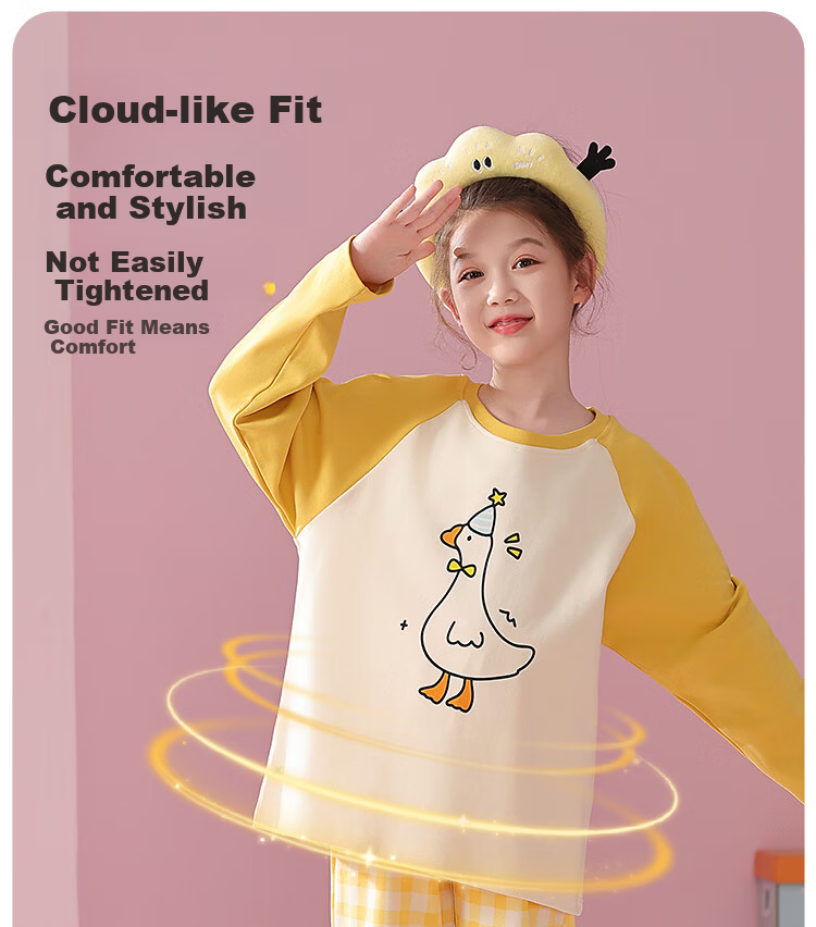 Bingxue Mian Children's Pajamas Girls Pure Cotton Crew Neck Spring Autumn Homewear Set Long Sleeve Long Pants Outerwear Two-Piece Set for Older Kids 16