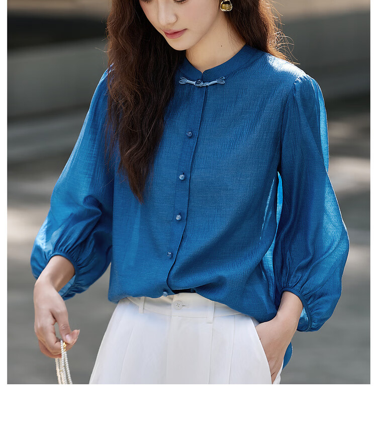 Vimly New Chinese Style National Wind Pleated Round Neck Shirt Women New Flowing Shoulder Jacket Top Peacock Blue XL 18