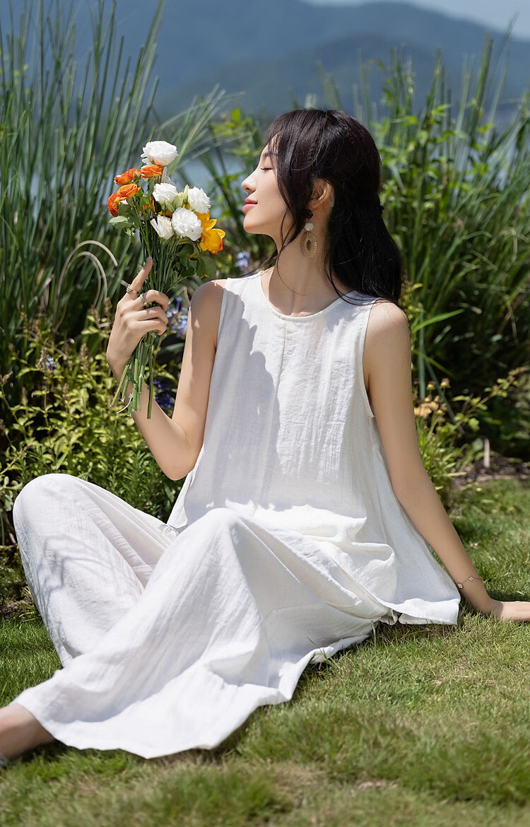 Demana [Simple Heart] Summer Cool Sensation Artistic Style Set Sleeveless Top Elastic Waist Casual Pants Two-Piece Set for Women 15