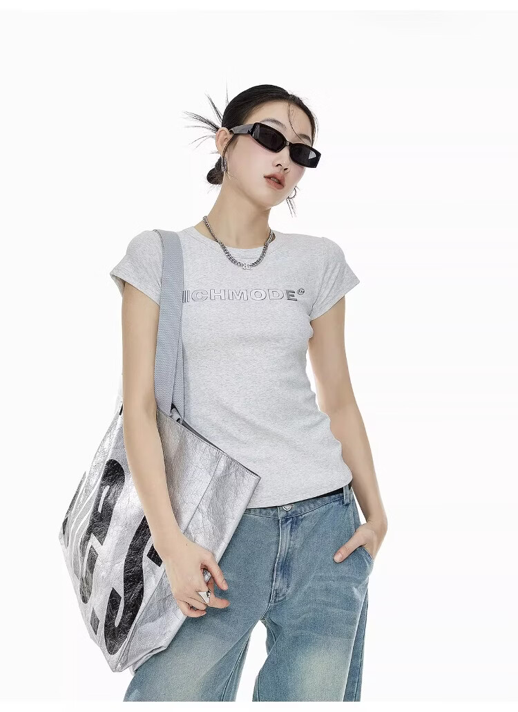 ICH MODE American Slim Fit Shoulder T-Shirt Women Summer New Short Crop Top Black L 19