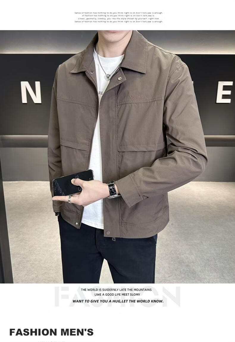 ROMON Men's Jacket Spring Autumn Turn-down Collar Business Casual Workwear Windproof Coat Khaki 3XL 6