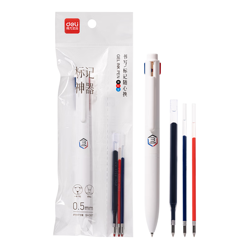 Deli Tri-color Retractable Gel Pen Black Blue Red 0.5mm Multifunctional Bullet Tip Student Daily Writing Highlighting Study Set 1 Pen + 3 Refills SA387