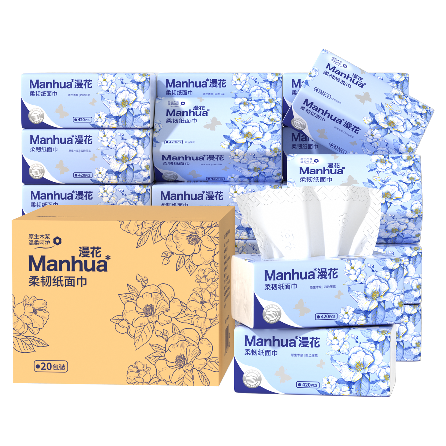 Manhua Blue Camellia Tissue Extra Large 4-Ply 420 Sheets * 20 Packs Bulk Wholesale Toilet Paper Hand Towels Napkins