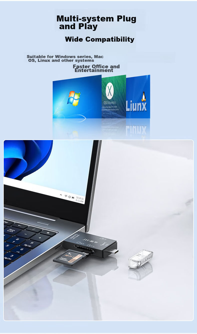 Jinghua USB Multi-Function High-Speed Card Reader SD/TF Six-In Card Reader Supports Phones, Laptops, DSLR Cameras, Dash Cams, Memory Cards Black N452 11