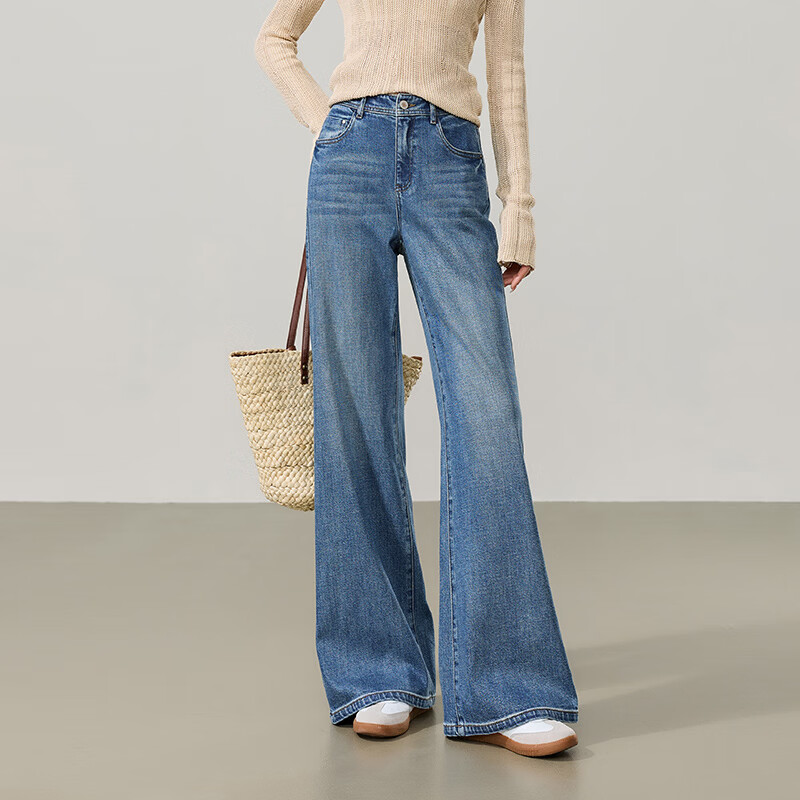 ESE-Y Lyocell Cotton Tube Flared Jeans for Women 2026 Spring New High Waist Straight Wide Leg Flare Pants Denim Blue 29