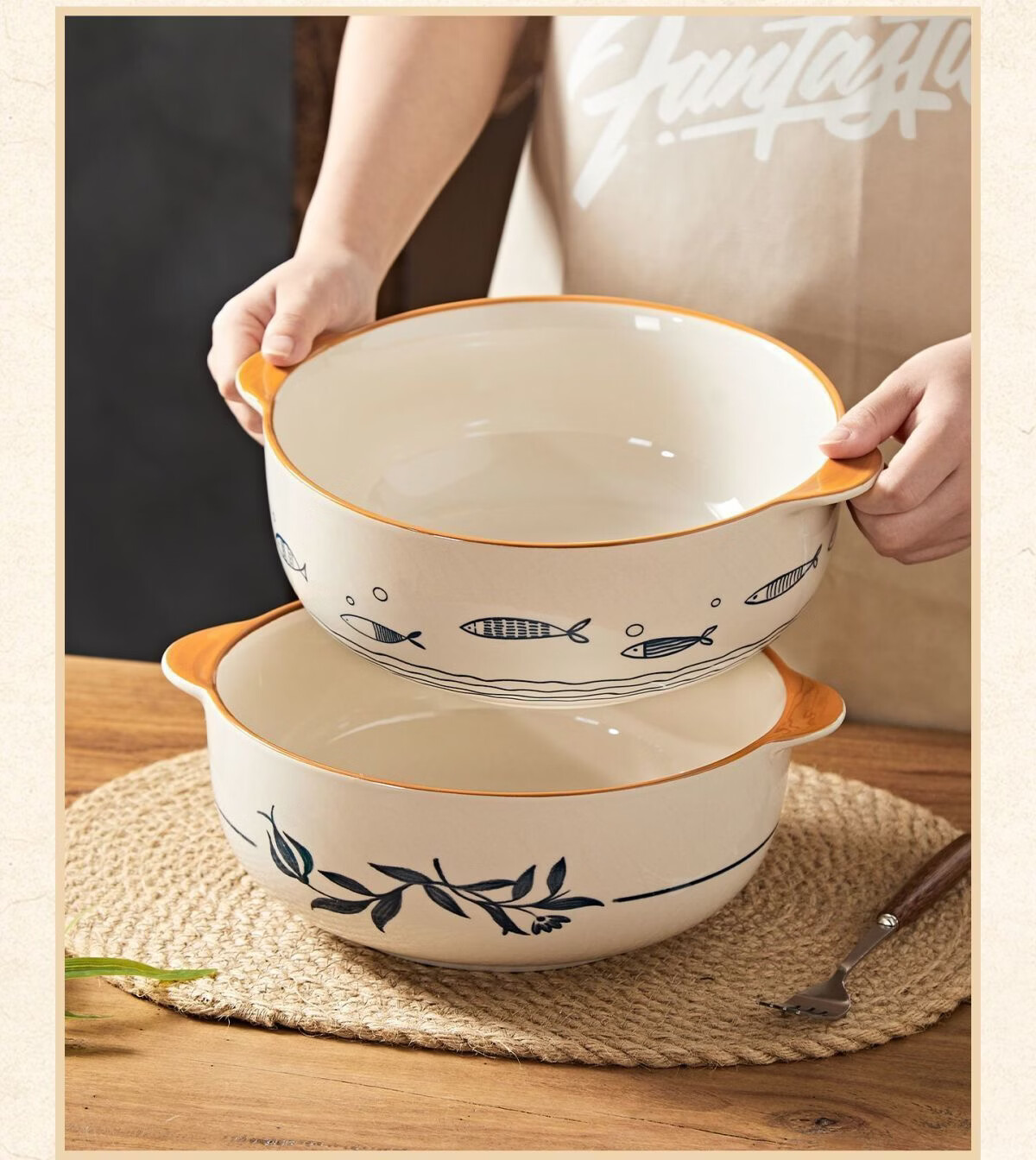 Chuanqi 7-Inch Double-Handle Lidded Ceramic Soup Bowl Large Capacity Household Soup Bowl Morning Glory Design 10