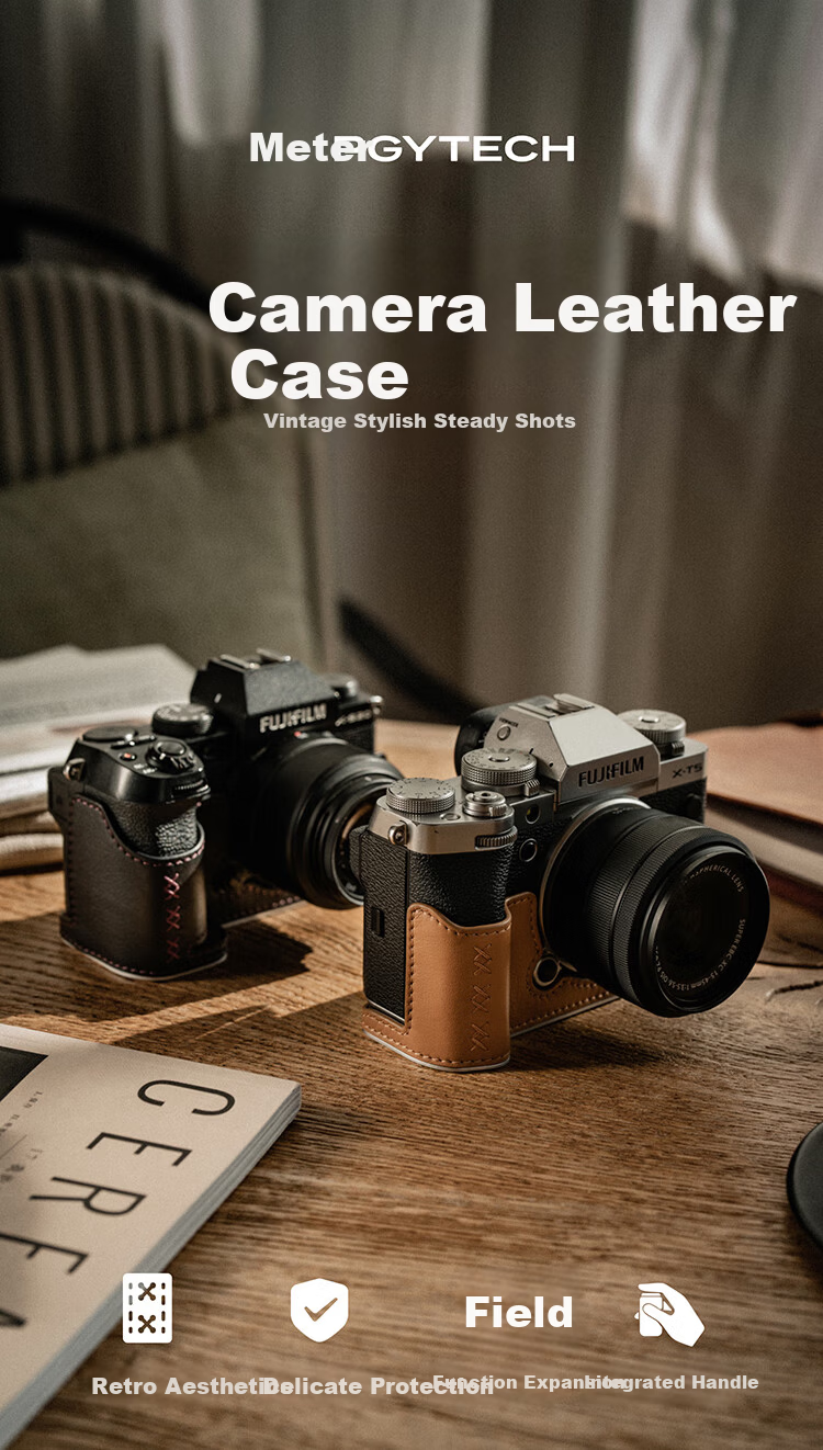 PGYTECH Fuji X100VI Camera Case Vintage Cowhide Leather Camera Bag Retro Artistic Mirrorless Leather Shell Genuine Leather Protective Case Metal Base Camera Inner Liner Protective Case Midnight Black 1