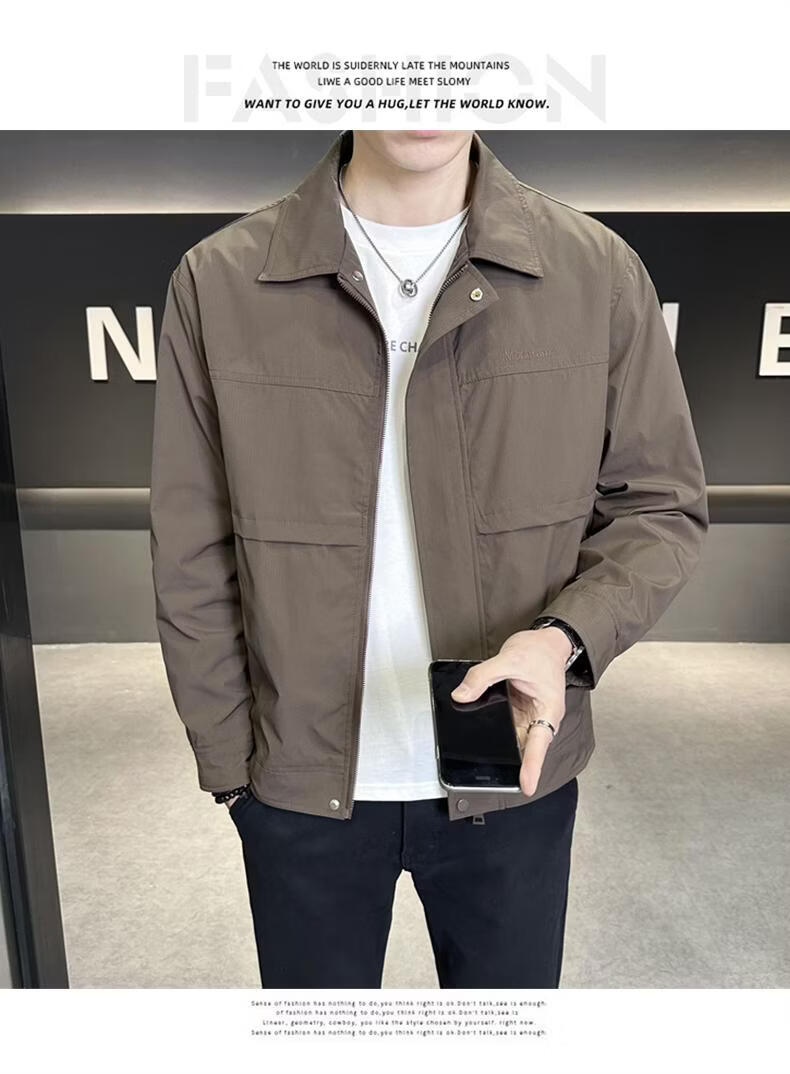 ROMON Men's Jacket Spring Autumn Turn-down Collar Business Casual Workwear Windproof Coat Khaki 3XL 5