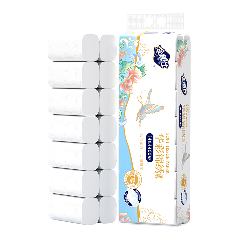 Jinboshi Huacai Jinxiu Coreless Wet-Resistant 5-Ply 2800g/28 Rolls Thickened Wood Pulp Household Toilet Paper Napkins
