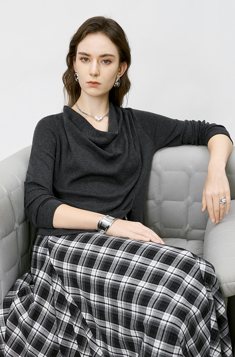 Yanyu Stacked V-Neck Knit Sweater Women 2026 Spring High-End French Lazy Asymmetric Sweater Gray S 12