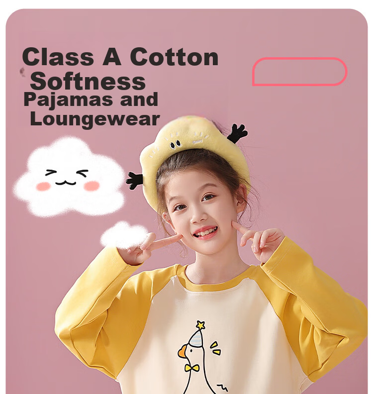 Bingxue Mian Children's Pajamas Girls Pure Cotton Crew Neck Spring Autumn Homewear Set Long Sleeve Long Pants Outerwear Two-Piece Set for Older Kids 1