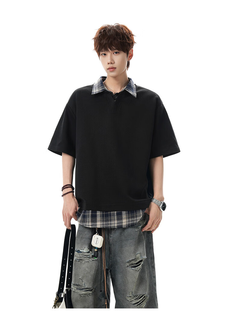Foss Phil American Style Two-in-One Short Sleeve Polo Shirt Men Spring Summer Loose Casual T-Shirt DT6242 Black 3XL 21
