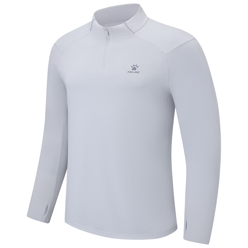 KELME Men's 2.0 Light Gray Sunscreen Long Sleeve Running Quick-Dry Half-Zip Sports T-Shirt L