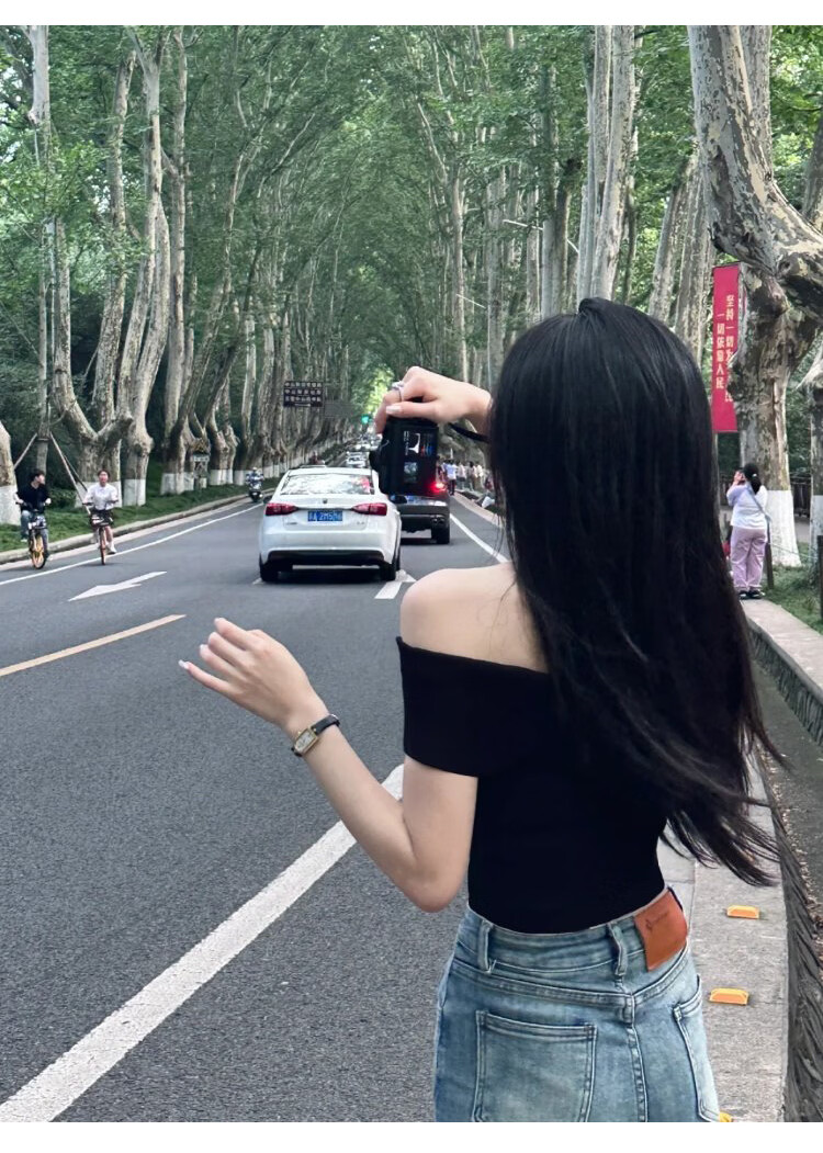 Shuangxing Women's Off-Shoulder Short Sleeve T-Shirt Summer New French Style Elegant Slim Fit Black L 8