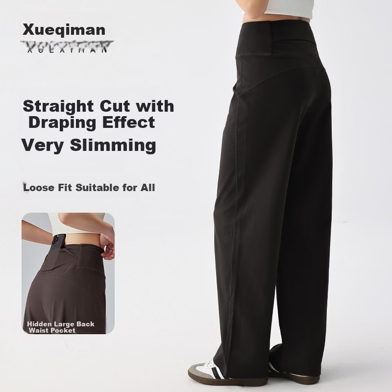 XUEXIMAN Loose Fit Straight Leg Sports Pants High Waist Pilates Running Training Breathable Yoga Fitness Trousers