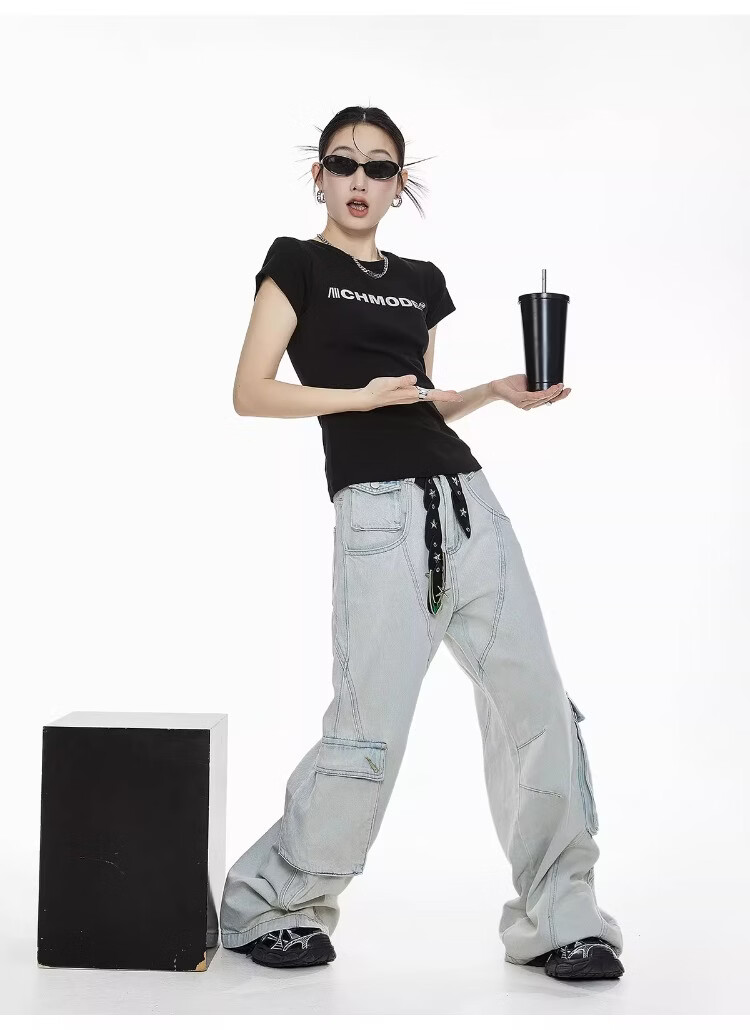 ICH MODE American Slim Fit Shoulder T-Shirt Women Summer New Short Crop Top Black L 10