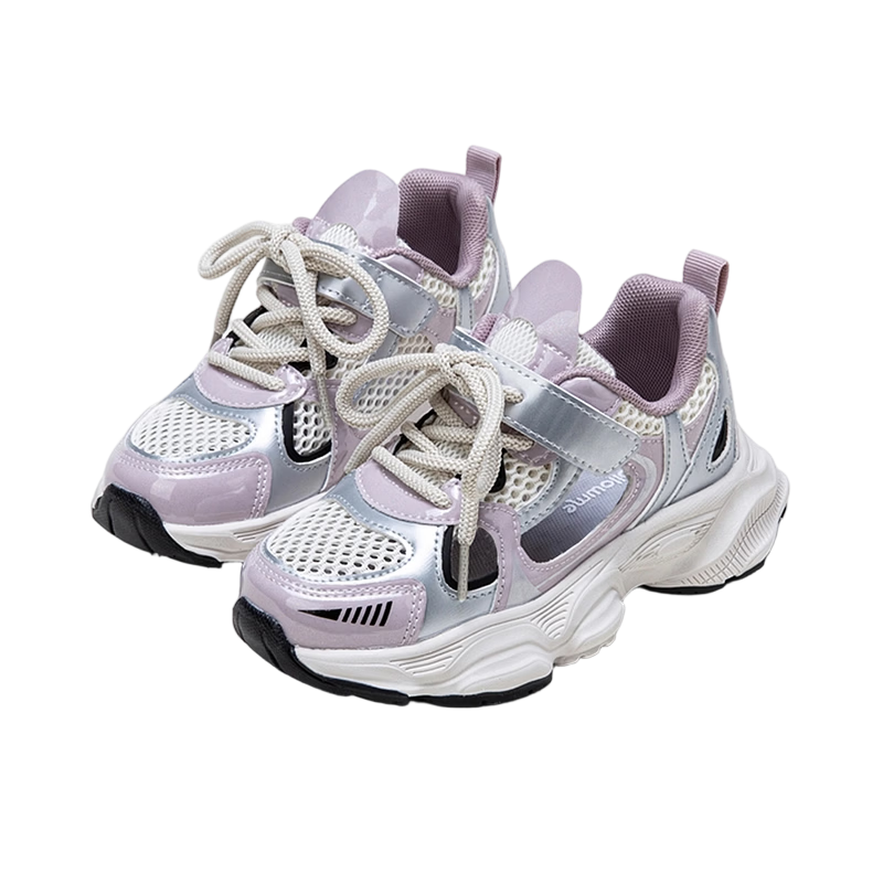 Fulomi Girls' Summer Mesh Breathable Sports Casual Anti-Slip Dad Sneakers, Beige Purple (Summer Edition) Size 35
