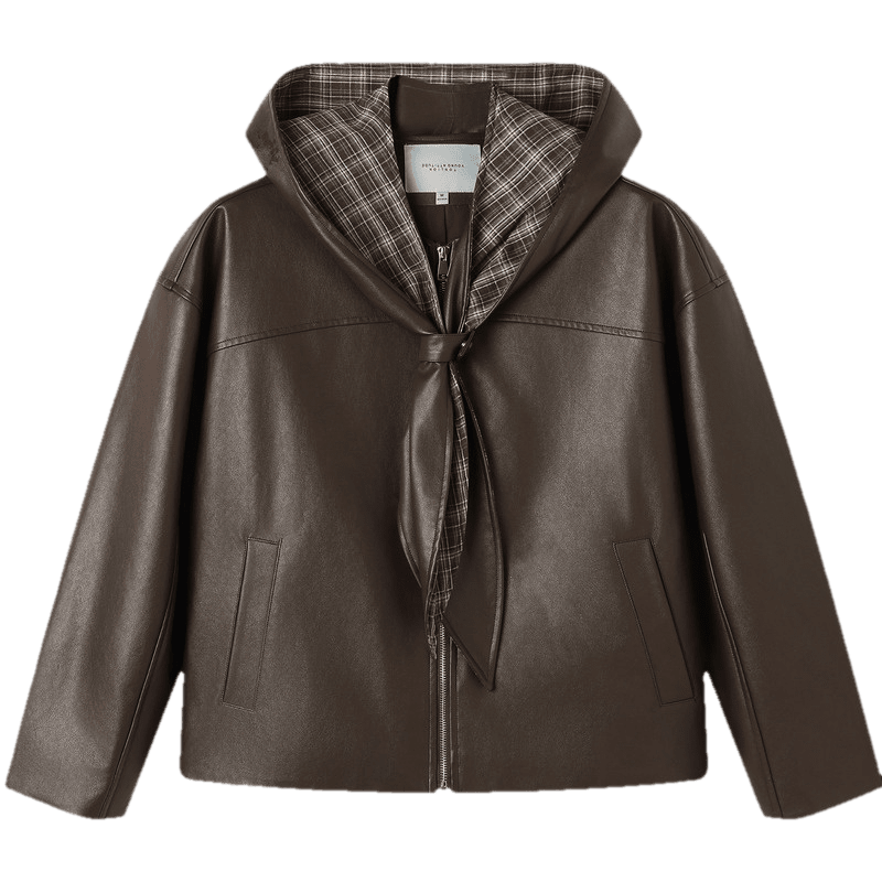 TonLion 2026 Spring Women's Leather Jacket with Hood Vintage Brown S