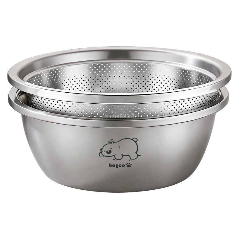 Bayco Stainless Steel Bowl and Sieve 2-Piece Set Food-Grade Washing and Kneading Bowls Draining Blue Bowl Dough Mixing Bowl Set BX27780
