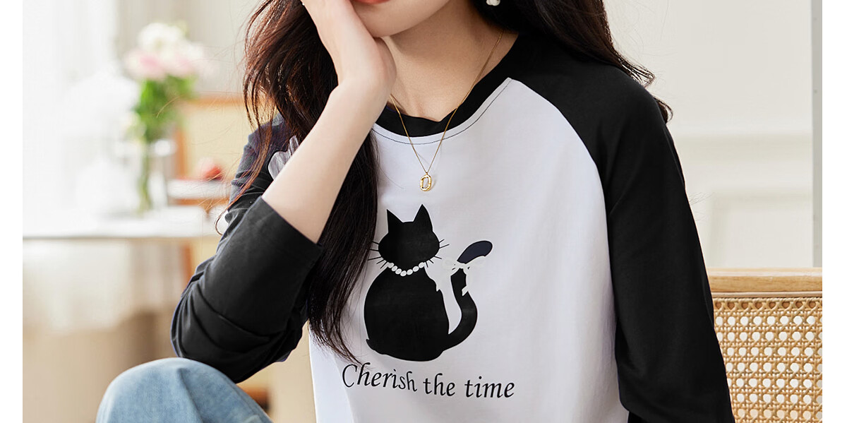 Pincai Women's Long Sleeve T-Shirt Cute Cat Print Colorblock Crew Neck Raglan Sleeve Trendy Top P143T2027 36
