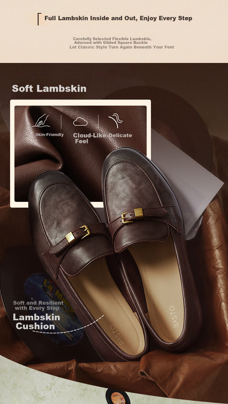 BASTO Jazz Vinyl 26 Spring British Sheepskin Slip-On Loafers Women Single Shoes UXS01AA6 Dark Brown 36 5