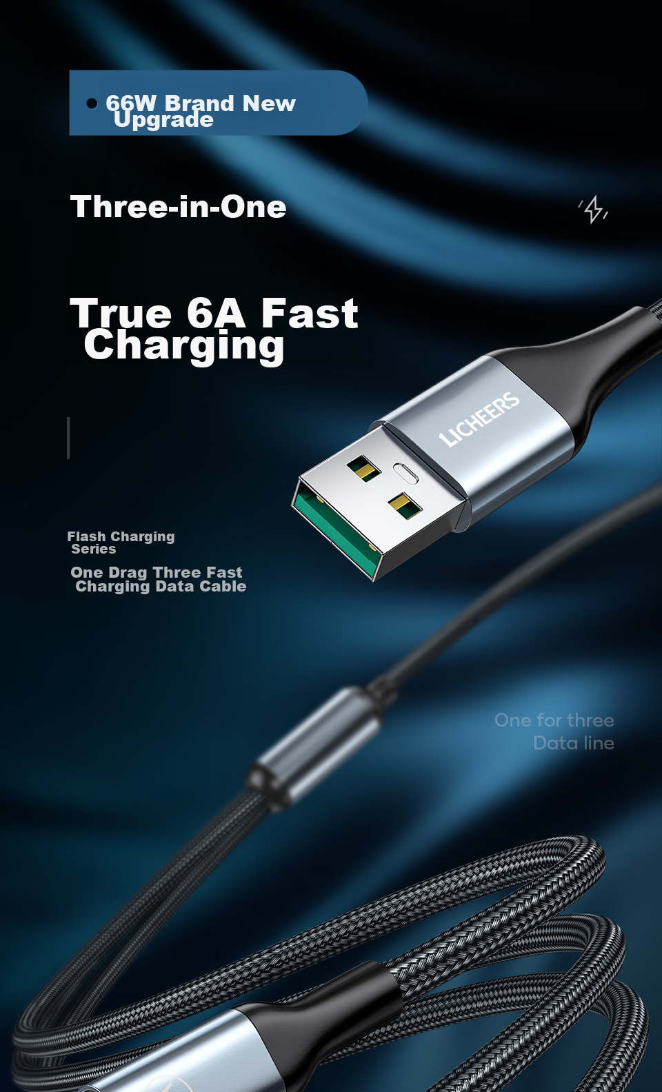 LINGCHEN Data Cable Three-In 6A Fast Charging 66W Charger Suitable for Apple IPhone14/13 Type-C Android Phones, Three-In Charging Cable 1.8 Meters LC-439 2