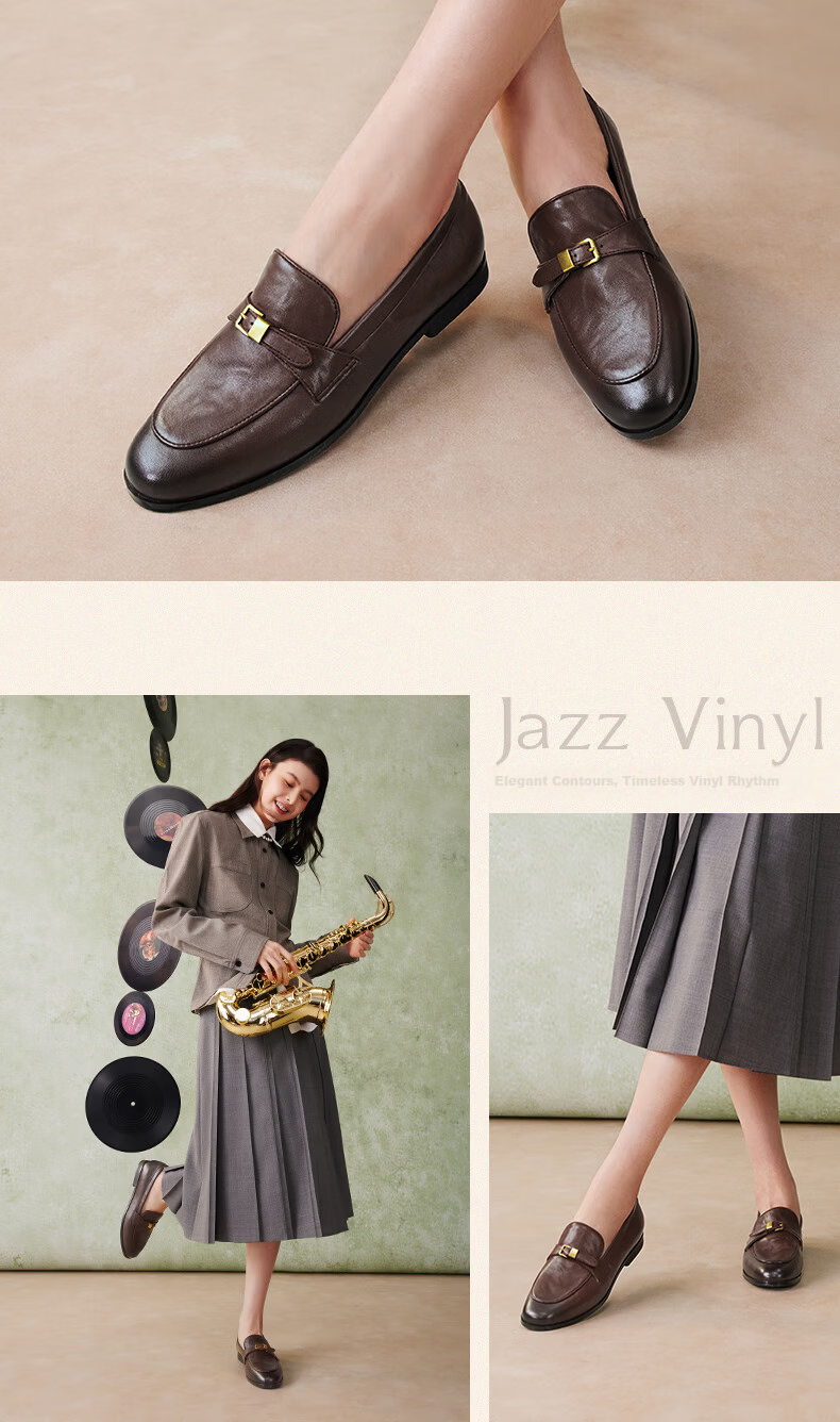 BASTO Jazz Vinyl 26 Spring British Sheepskin Slip-On Loafers Women Single Shoes UXS01AA6 Dark Brown 36 12