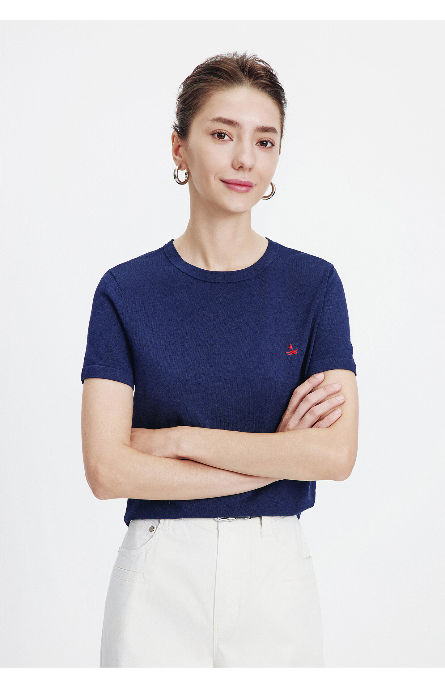 Navigare Small Sailboat Basic Short Sleeve T-Shirt Women 2026 New Round Neck Solid Color Knit Top 2325506507 52