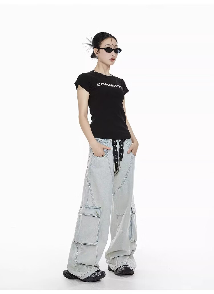 ICH MODE American Slim Fit Shoulder T-Shirt Women Summer New Short Crop Top Black L 6