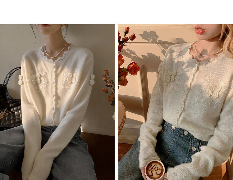 MT [Qiju Yunxu] Spring Gentle Style 3D Crochet Cardigan with Decorative Edging Soft Knit Women's Top 14