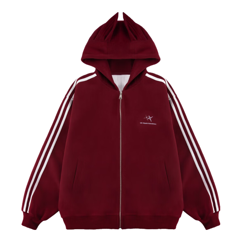 ICH MODE American Vintage Ear Hooded Cardigan Jacket Women Spring Autumn New Loose Casual Sweatshirt Top Wine Red L