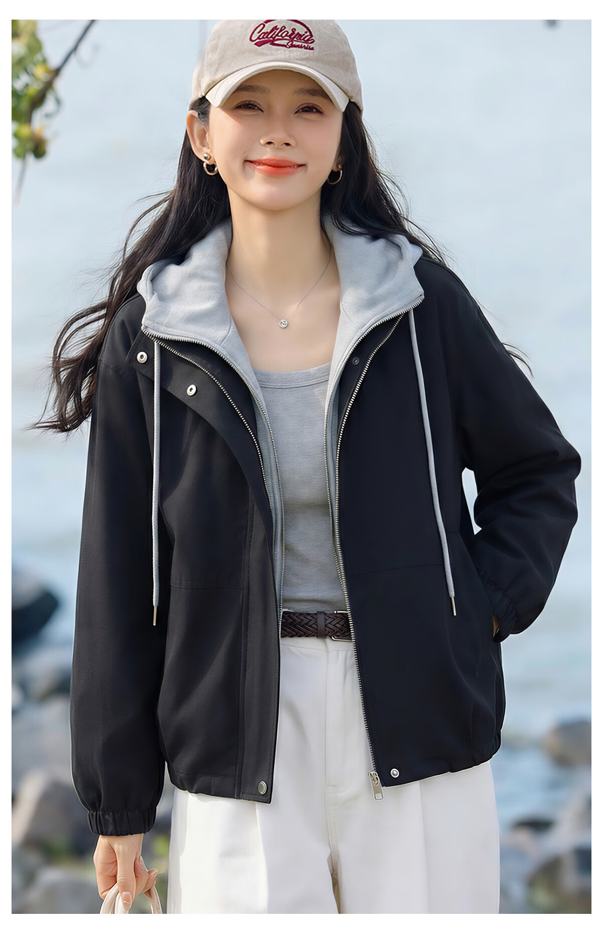 Chushen Women's Spring and Autumn Short Jacket Hooded Two-Piece Colorblock Loose Casual Jacket S61D115 3